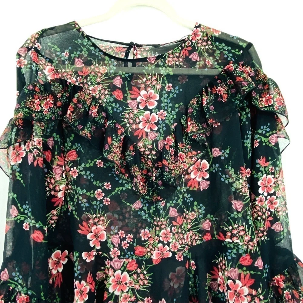 Zara Women Sheer Floral Long Sleeve Ruffled Layered Pink Black Cuffed Blouse SzM - Picture 4 of 15